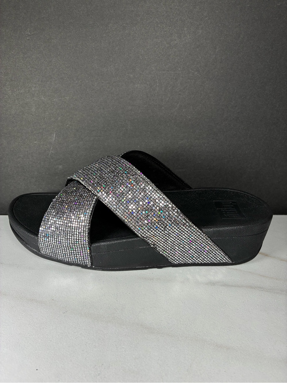 FitFlop Lulu Glitterball Cross Sandal Slides Iridescent Silver Wedge Heels